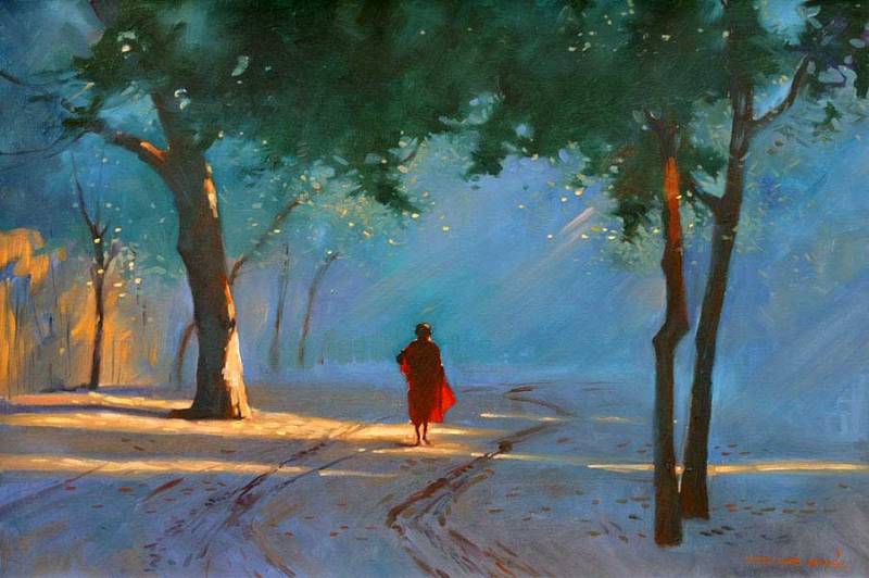 ミャンマー　有名画家　Soe Aung 漁船と夕日 絵画 ミャンマー 有名画家 Soe Aung 漁船と夕日 絵画